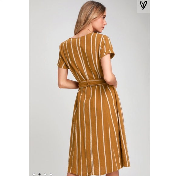 Dark Mustard Yellow Striped Midi Shirt Dress - Picture 2 of 4